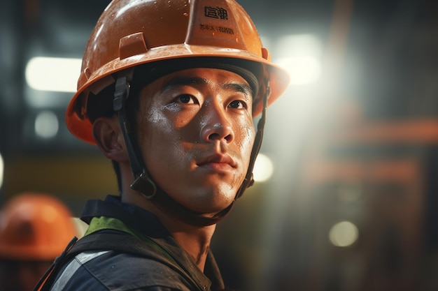 een Koreaanse fabrieksarbeider die een veiligheidsvest en een veiligheidshelm draagt, werkt mee aan een project
