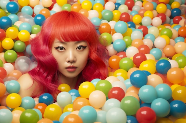 een Koreaanse vrouw met kleurrijk haar, liggend op de achtergrond, badend in kleurrijke ballen