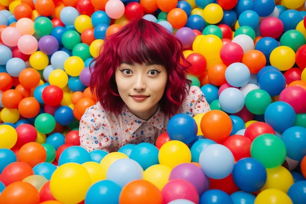 een Koreaanse vrouw met kleurrijk haar, liggend op de achtergrond, badend in kleurrijke ballen