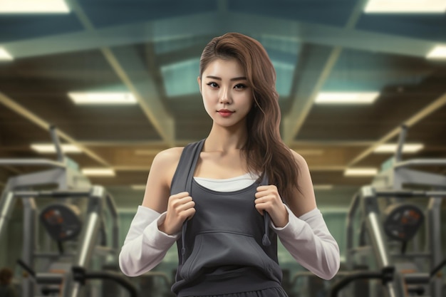 Een Koreaanse vrouw poseert in gymkleding tegen