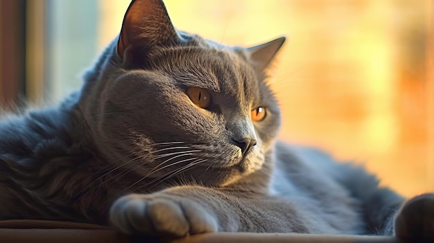 Een kortharige grijze kat die comfortabel in een goed verlichte kamer ligt. De kat wordt omringd door zachte pastelkleurige generatieve AI