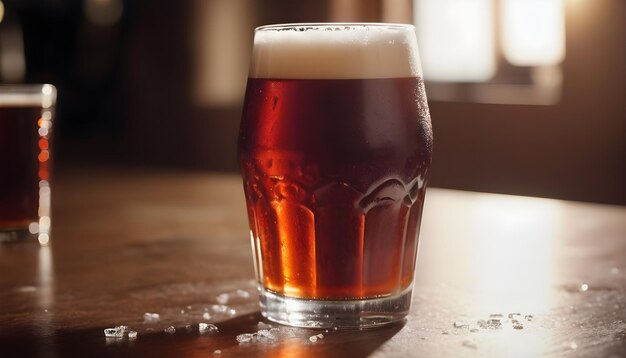 Een koud glas rood bier op tafel.