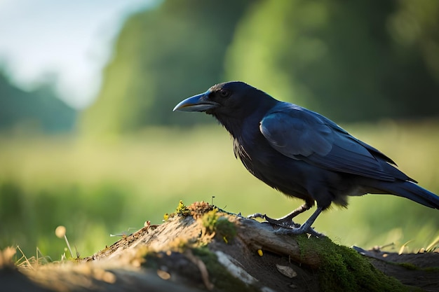 Een kraai zit op een boomstam in het bos.