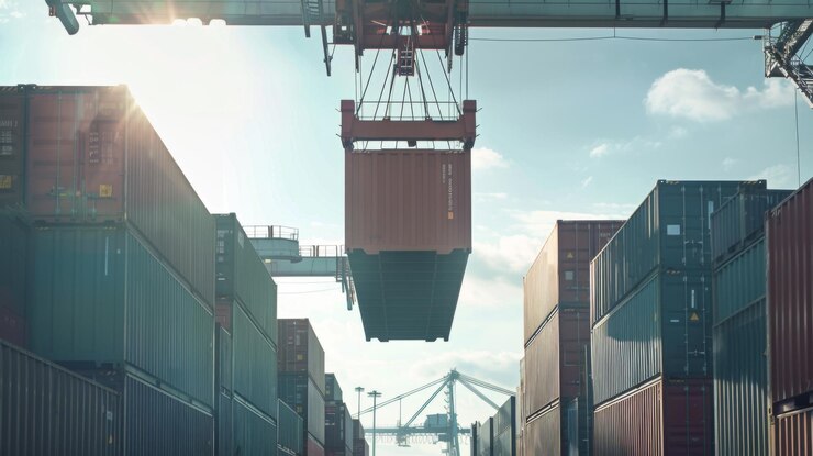 Foto een kraan die vrachtcontainers in de haven opheft container die in een vrachtschip wordt geladen