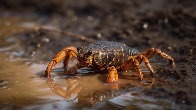 Een krab in een plas water