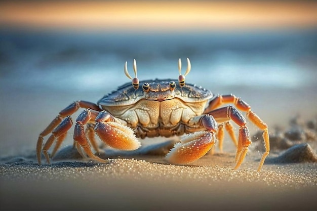 Foto een krab met hoorns en een groot oranje lichaam zit op een zandstrand.