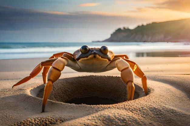 Een krab op het strand bij zonsondergang