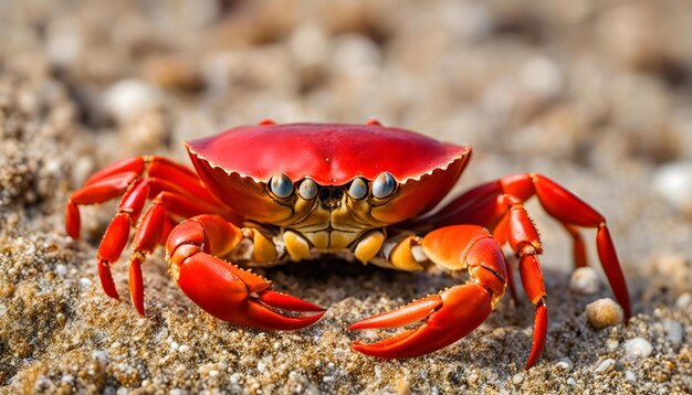 een krab op het strand met een rode krab op de top