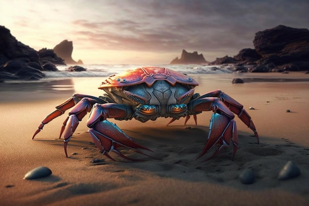 Een krab op het strand met een zonsondergang op de achtergrond