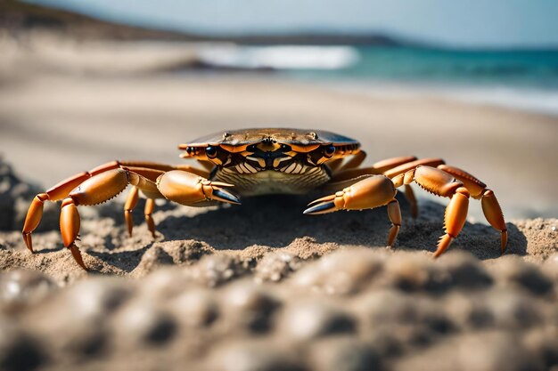 Een krab staat voor een gat bij de zee.