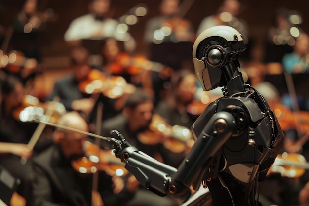 Een krachtig beeld van een robotdirigent die een orkest leidt in een vlekkeloze voorstelling