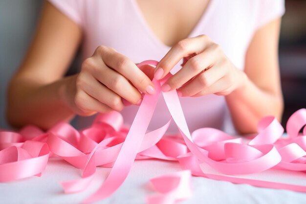 Een krachtig gebaar van solidariteit een vrouw weeft voorzichtig een roze lint om te herinneren aan het belang van vroege opsporing van borstkanker Preventie is ons schild tegen borstcancer