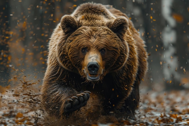 Een krachtige beer in beweging gevangen met een wazige achtergrond voor een gevoel van snelheid en energie