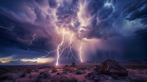 Een krachtige bliksemstorm woedt over een woestijnlandschap de bliksemstralen verlichten de donkere wolken en de ruige rotsen daaronder