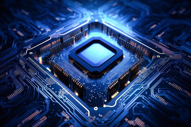 Een krachtige computerprocessor of chip op een moederbord Moderne technologieën Blauwe achtergrond