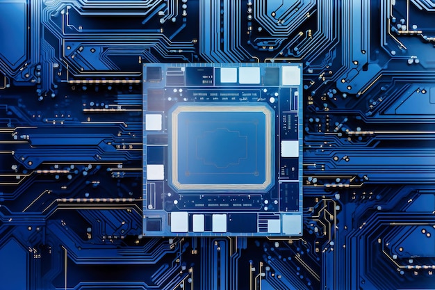 Een krachtige computerprocessor of chip op een moederbord Moderne technologieën Blauwe achtergrond