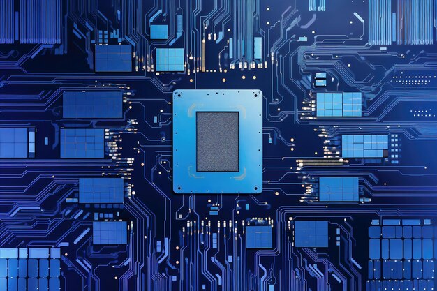 Een krachtige computerprocessor of chip op een moederbord Moderne technologieën Blauwe achtergrond