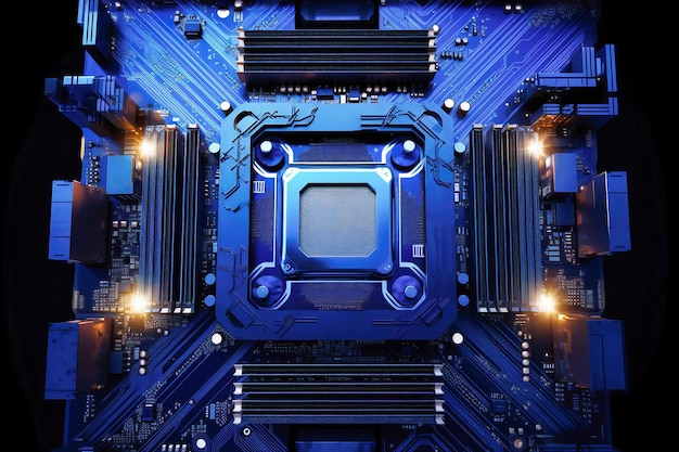 Een krachtige computerprocessor of chip op een moederbord Moderne technologieën Blauwe achtergrond