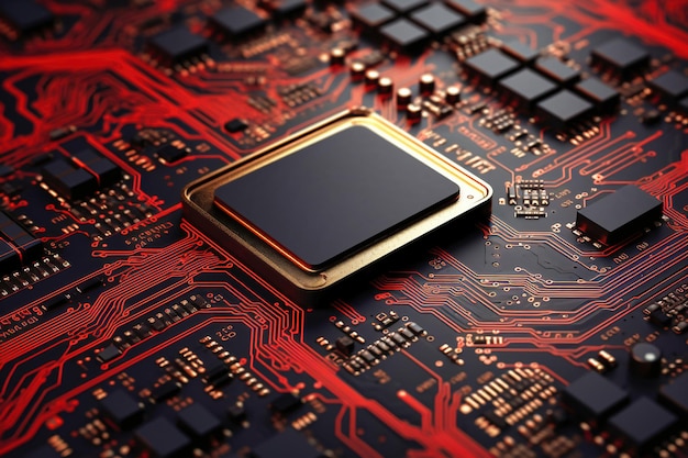 Een krachtige computerprocessor of chip op een moederbord Moderne technologieën Rode achtergrond