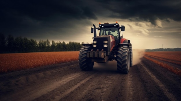 Een krachtige tractor rijdt over een enorm veld.