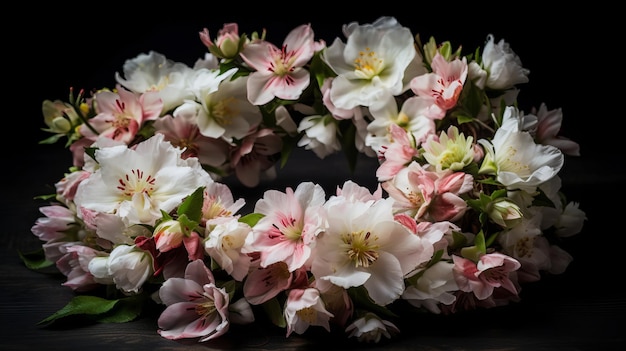 Een krans gemaakt van delicate roze en witte bloesems die AI heeft gegenereerd