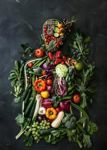 Een krans gemaakt van natuurlijke voedingsmiddelen zoals fruit en groenten op een donkere achtergrond