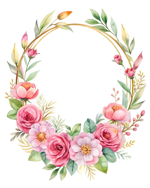 Een krans met roze rozen en bladeren en een krans met de woorden " lente "