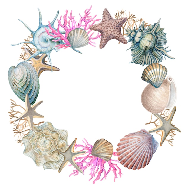 Een krans schelpen zeester koralen Mariene samenstelling Aquarel illustratie geïsoleerde achtergrond