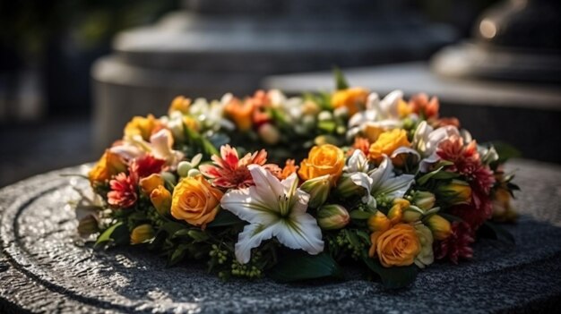 Foto een krans van bloemen zit op een steen.