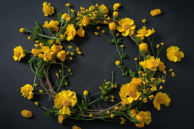 Een krans van gele bloemen op een zwarte achtergrond