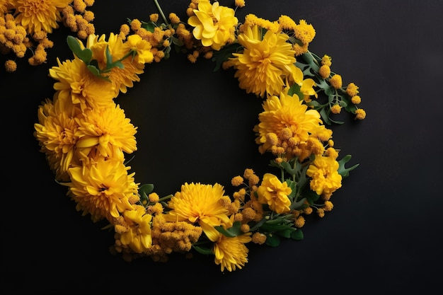 Een krans van gele bloemen op een zwarte achtergrond