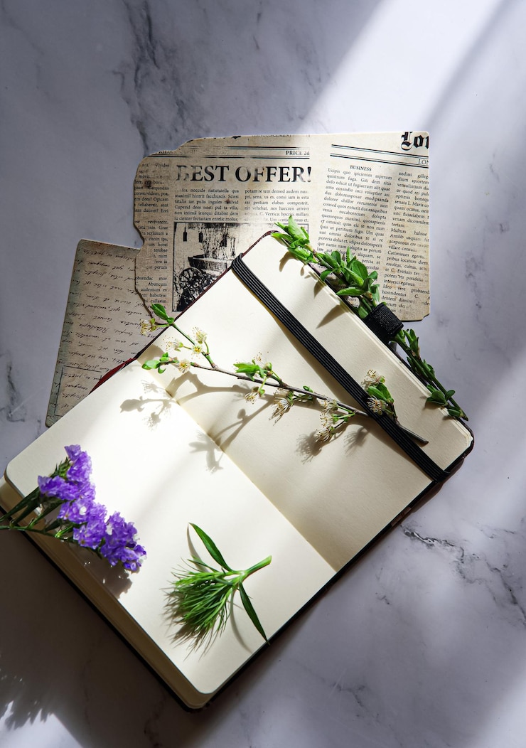 Foto een krant met een plant en een plant erop