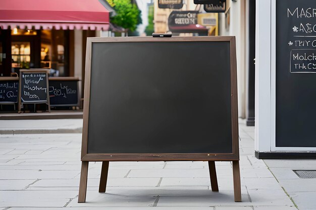 Een krijtbord op een stoep voor een restaurant van hoge kwaliteit voorraad foto sjabloon blad