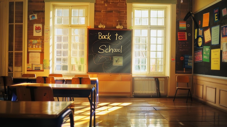 Foto een krijtbord waarop geschreven staat: terug naar school.