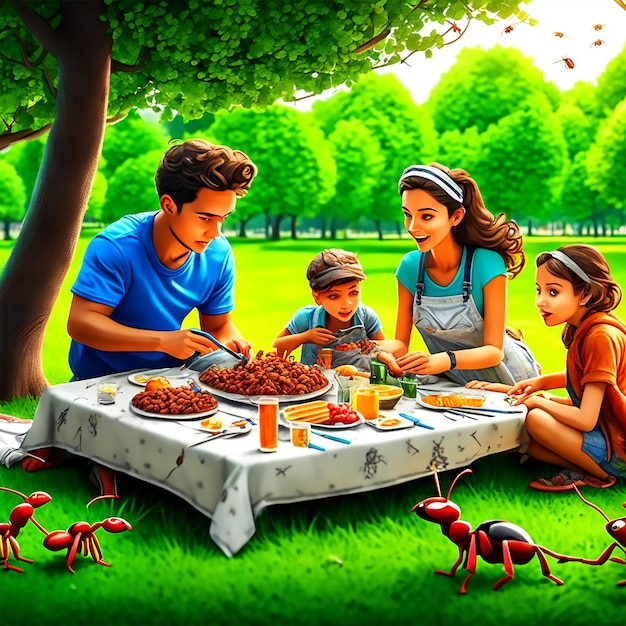 Een krijttekening van een familiepicknick die wordt aangevallen door mieren in Central Park met een surrealistische stijl