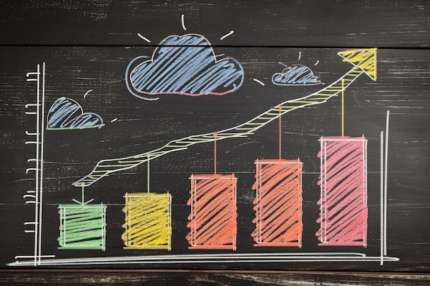 Foto een krijttekening van een grafiek met verschillende kruisende lijnen en gegevenspunten op een blackboard diagram van een succesvol verkoopgroeiplan getekend op een krijtbord ai gegenereerd