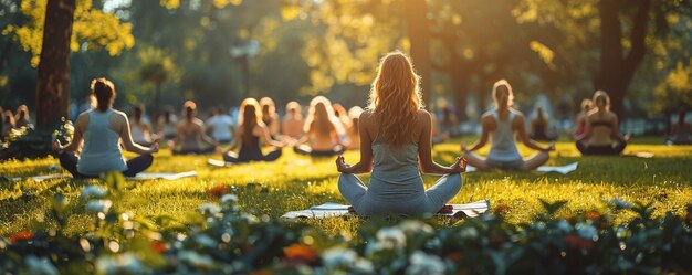 Een kring van mensen die yoga beoefenen in het park op de achtergrond