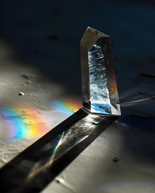 Foto een kristal op een tafel met een regenboog op de achtergrond