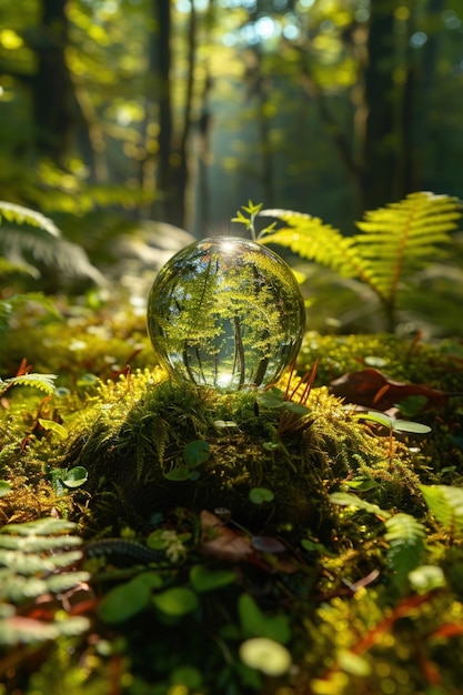 Een kristallen aarde op mos in het bos met varens en zonlicht