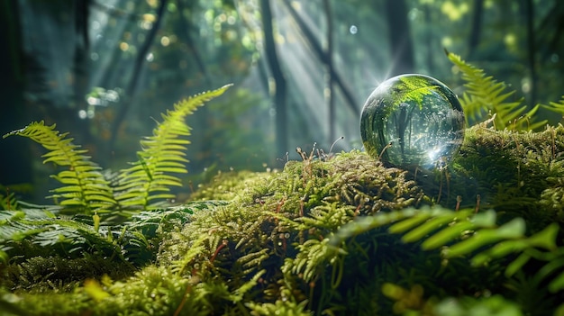 Een kristallen aarde op mos in het bos met varens en zonlicht