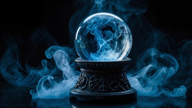 Foto een kristallen bol met blauwe rook erin.