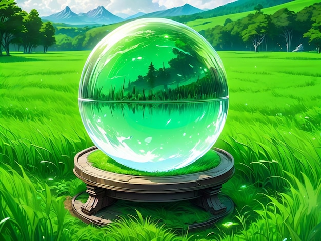 Foto een kristallen bol zit bovenop een weelderig groen veld fantasie kunst zeer gedetailleerd surrealistisch