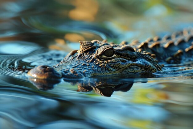 Een krokodil die door het reflecterende water van een rustige lagune glijdt