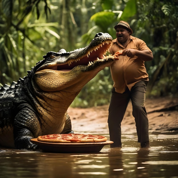 Een krokodil en een dikke man vechten om een pizza.