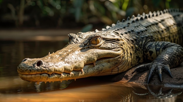 Een krokodil rust in het water in het Amazone-regenwoud.