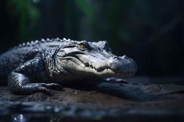 Een krokodil rust op een rots in de jungle.