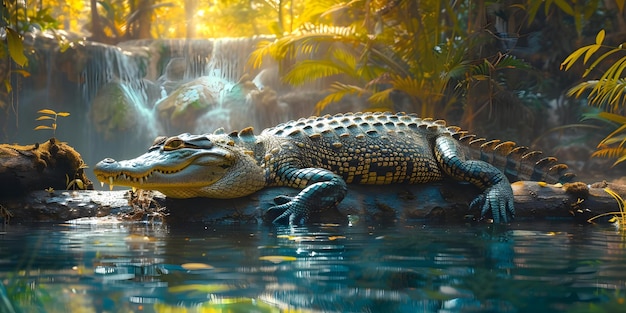 Foto een krokodil verkent een weelderige jungle boom met cascade water rond concept wildlife photography natural habitat jungle adventure reptile encounter nature exploration