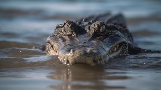 Een krokodil zwemt in het water met zijn kop boven water.