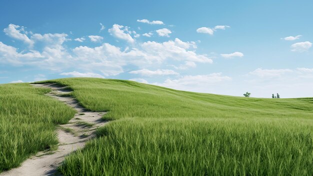 Foto een kronkelend pad dat een grasrijke heuvel oploopt naar een heldere blauwe hemel generatieve ai