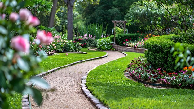 Een kronkelend stenen pad leidt door een weelderige tuin vol kleurrijke bloemen en groene planten